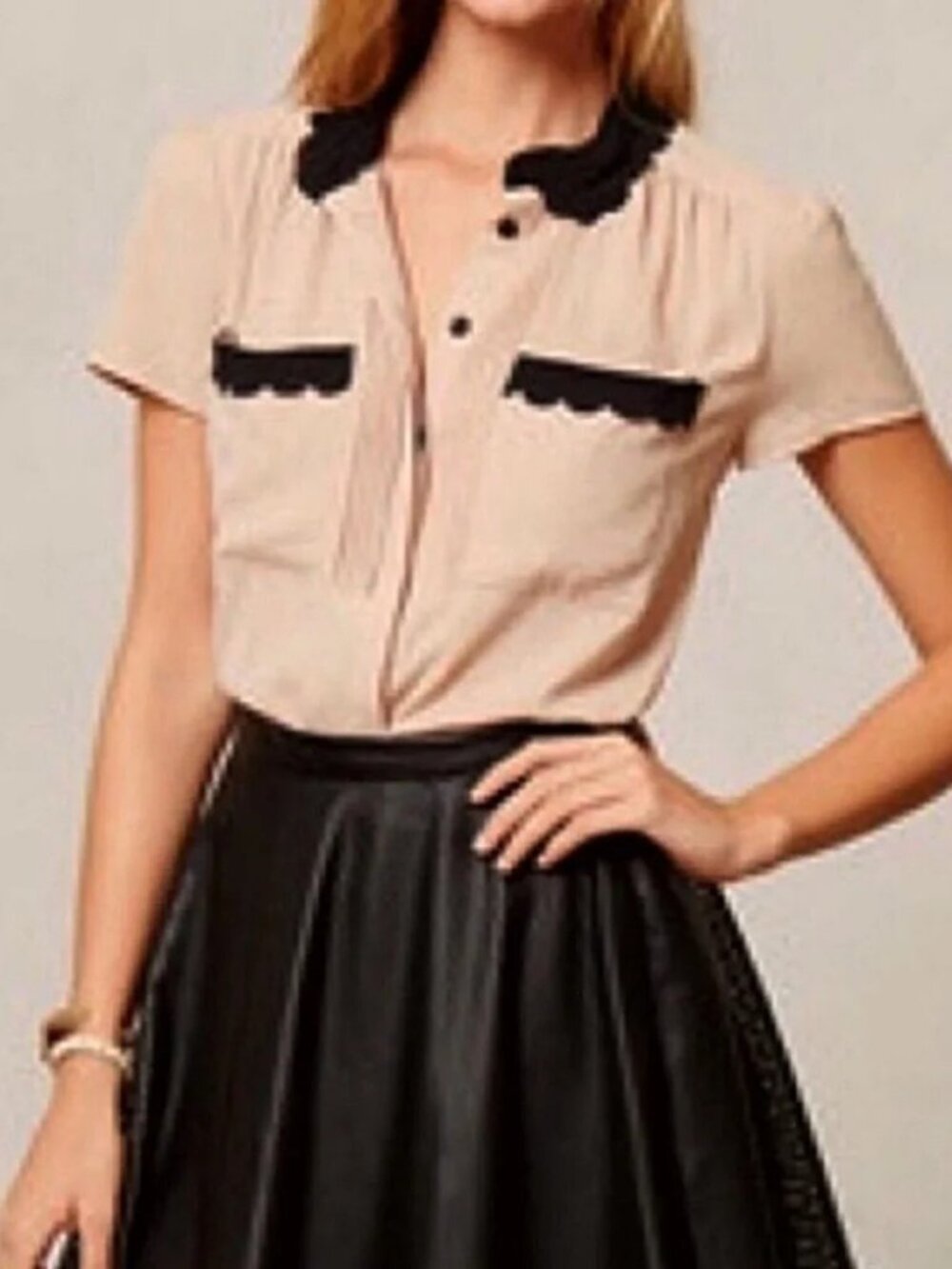 Anthropologie HD in Paris Cream & Black Scalloped Short Sleeve Blouse ** Size 12 - Picture 9 of 9
